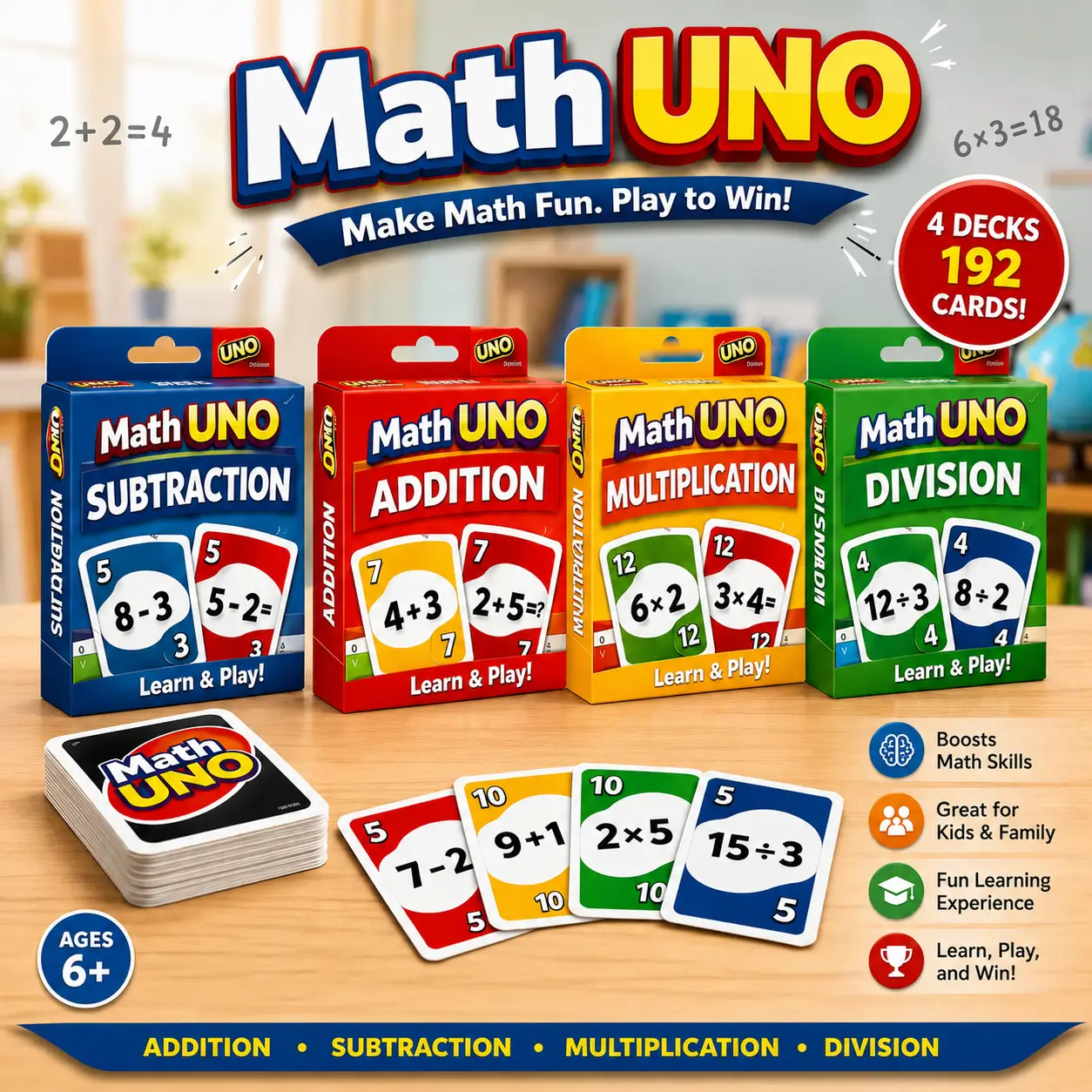 Math Uno four decks: addition, subtraction, multiplication, and division