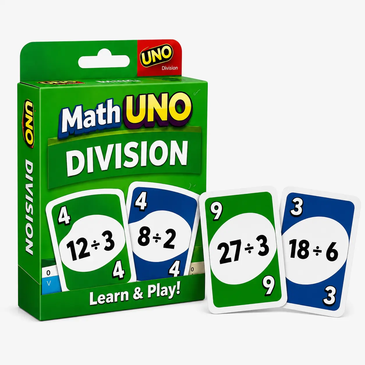 Math Uno Division deck box with equation cards